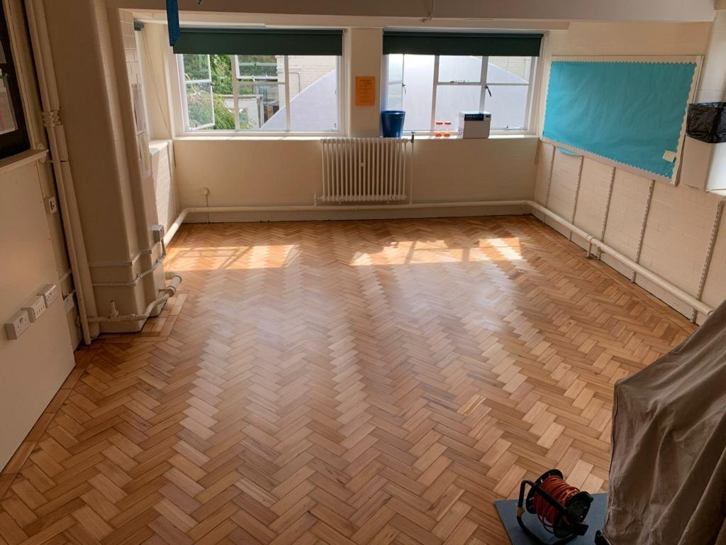 Pine parquet hall — freshly sanded, ready to seal, by Fix Flooring London