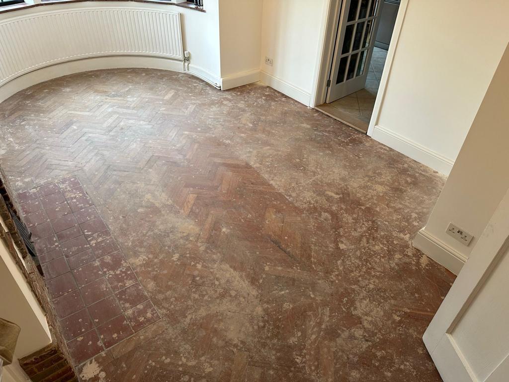Bay-window parquet — worn and stripped, before, by Fix Flooring London