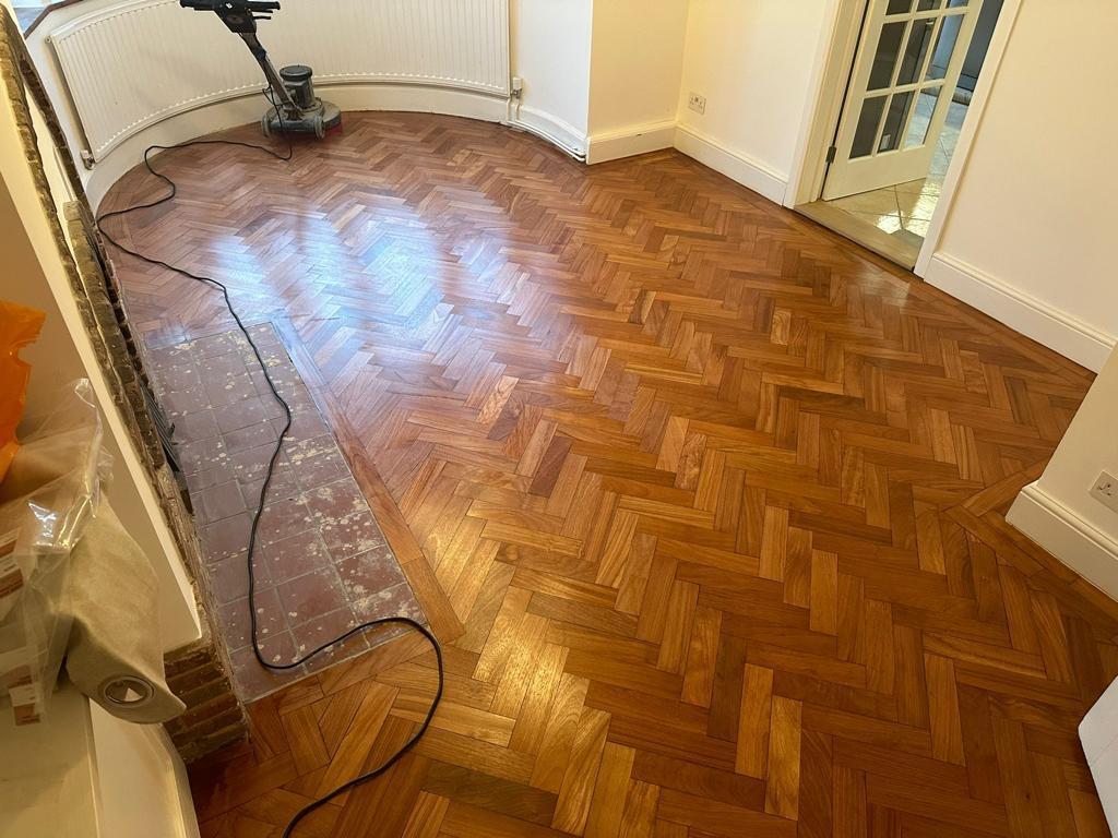 Bay-window parquet — restored and lacquered, by Fix Flooring London
