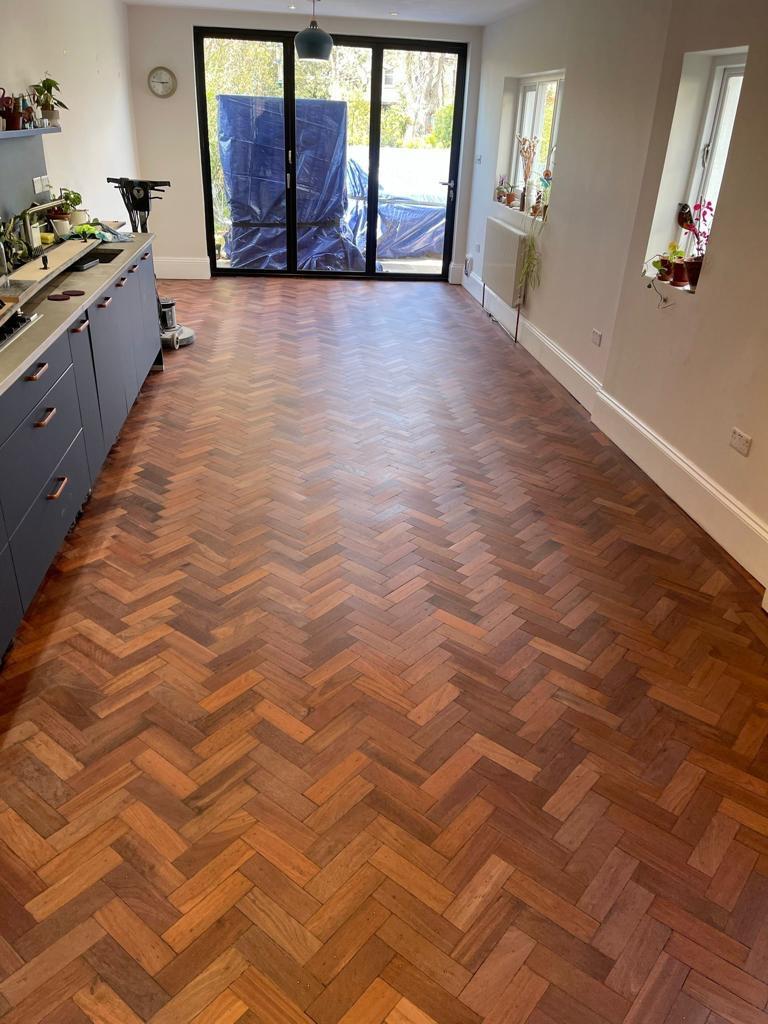 Kitchen herringbone parquet — sanded and refinished, by Fix Flooring London
