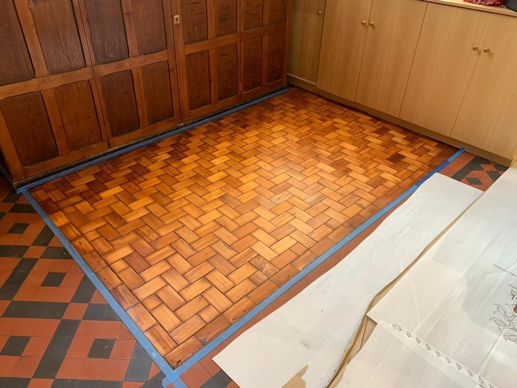 Reclaimed pine block floor — cleaned up and restored, by Fix Flooring London