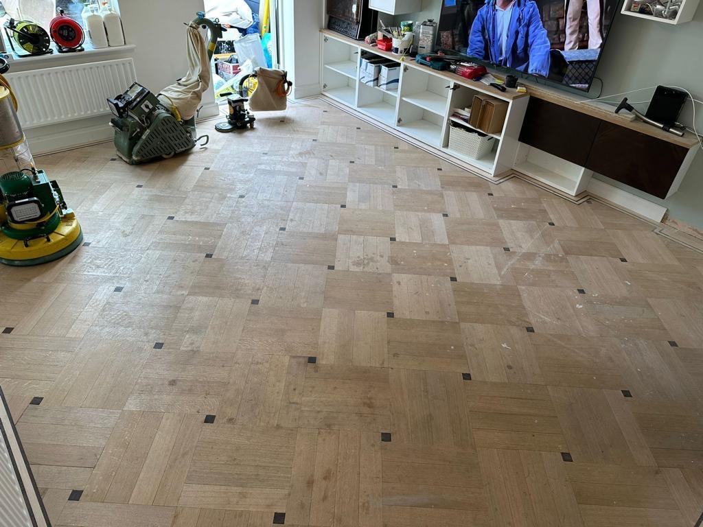 Oak basketweave parquet — sanding in progress, by Fix Flooring London