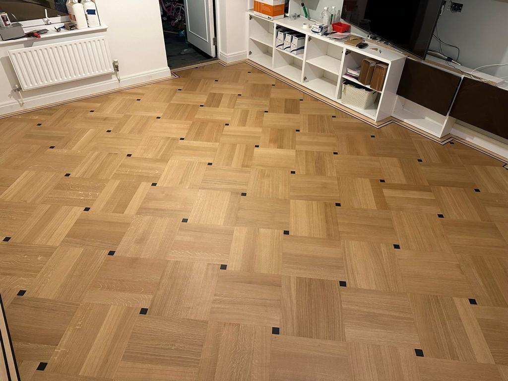 Oak basketweave parquet — finished with a natural oil, by Fix Flooring London