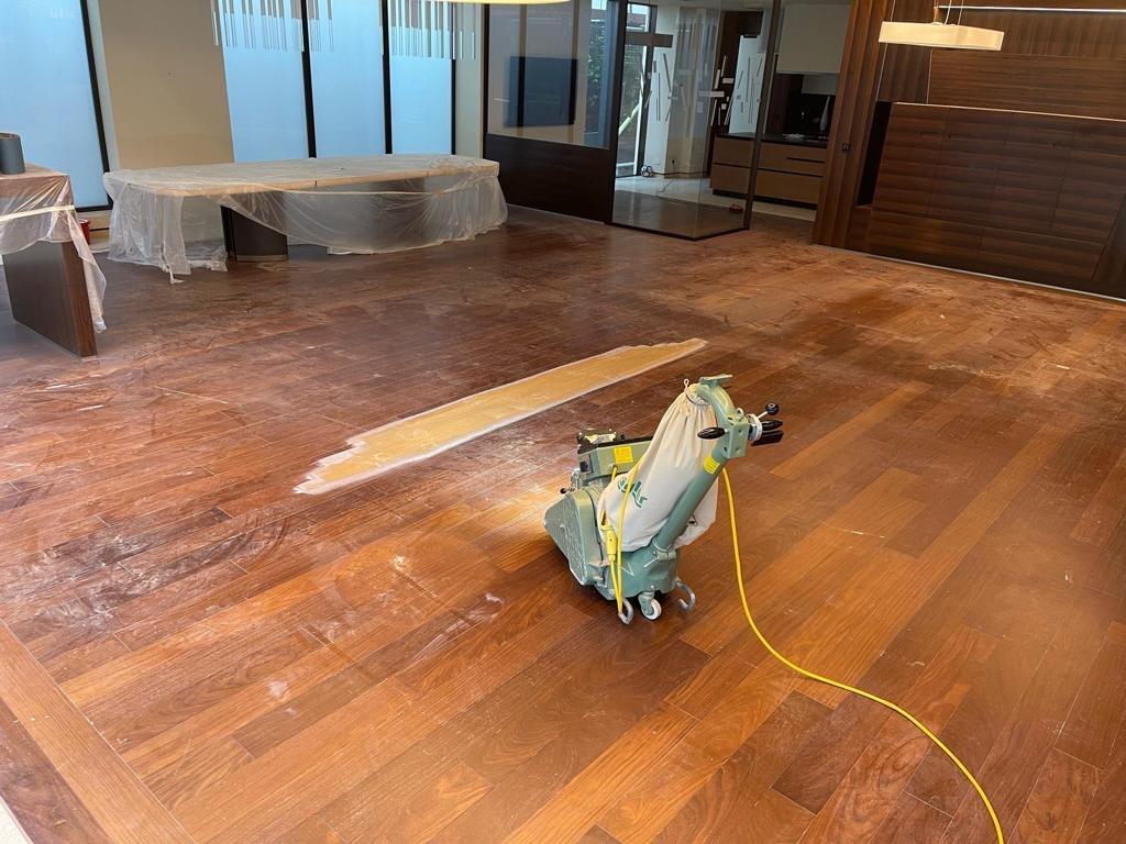 Commercial wood floor — sanding in progress, by Fix Flooring London